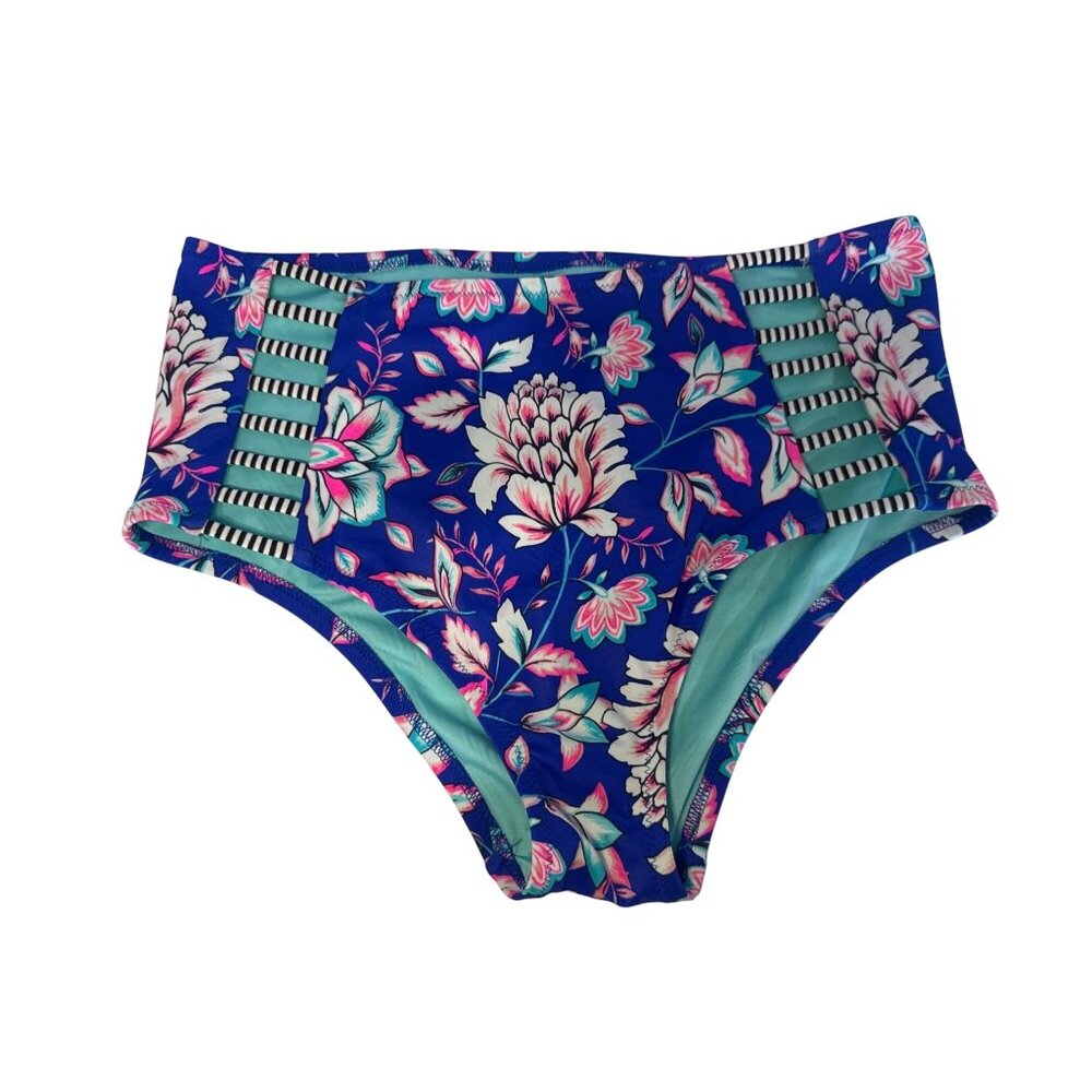 Shade & Shore Womens Swimsuit Bottom Sz L Royal Blue Floral High-Waist Modern